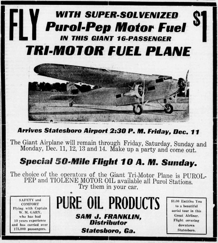 Statesboro Airport Tri-Motor AD - Courtesy of Bulloch Times